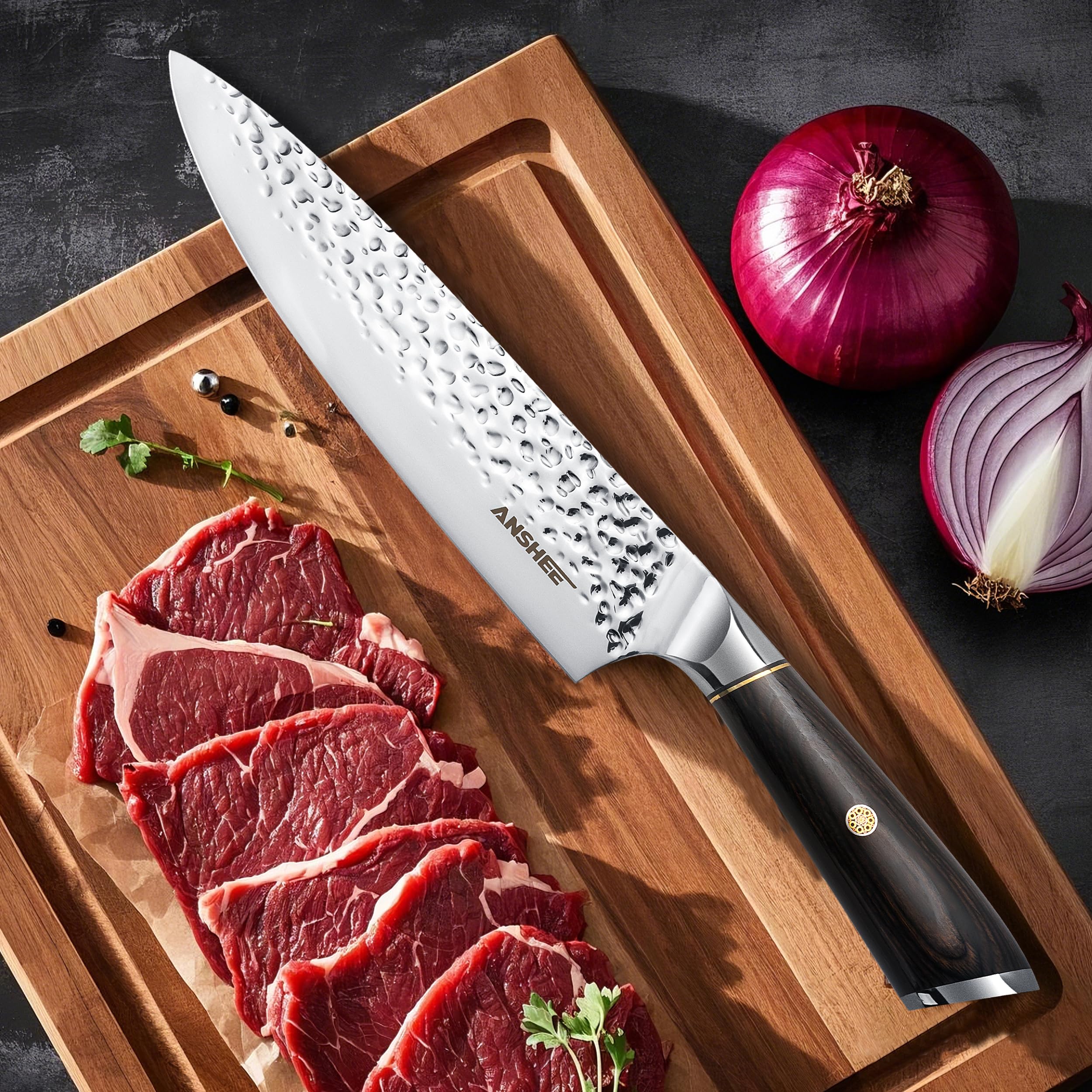 Anshee Gyuto slicing action highlights smooth cuts for moist ingredients