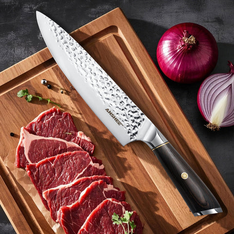 Anshee Gyuto slicing action highlights smooth cuts for moist ingredients