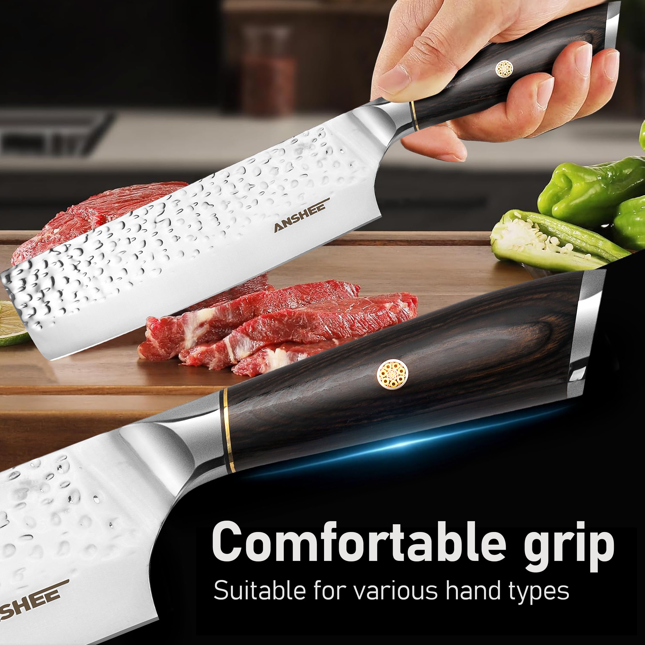 Anshee nakiri-cleaver performs precise vegetable dicing and sashimi prep
