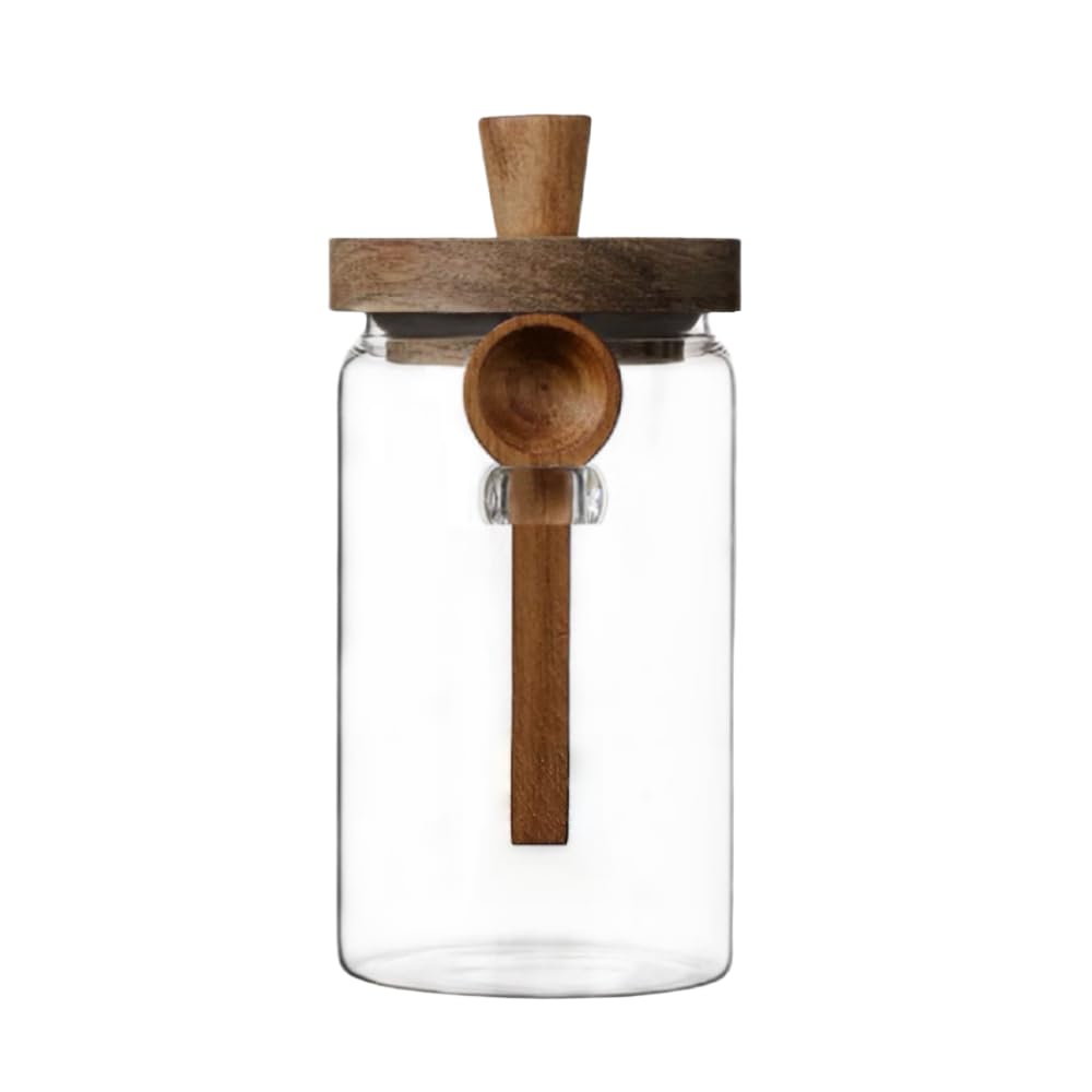 ANSQU 34oz glass jar with wooden lid for clear coffee bean visibility.