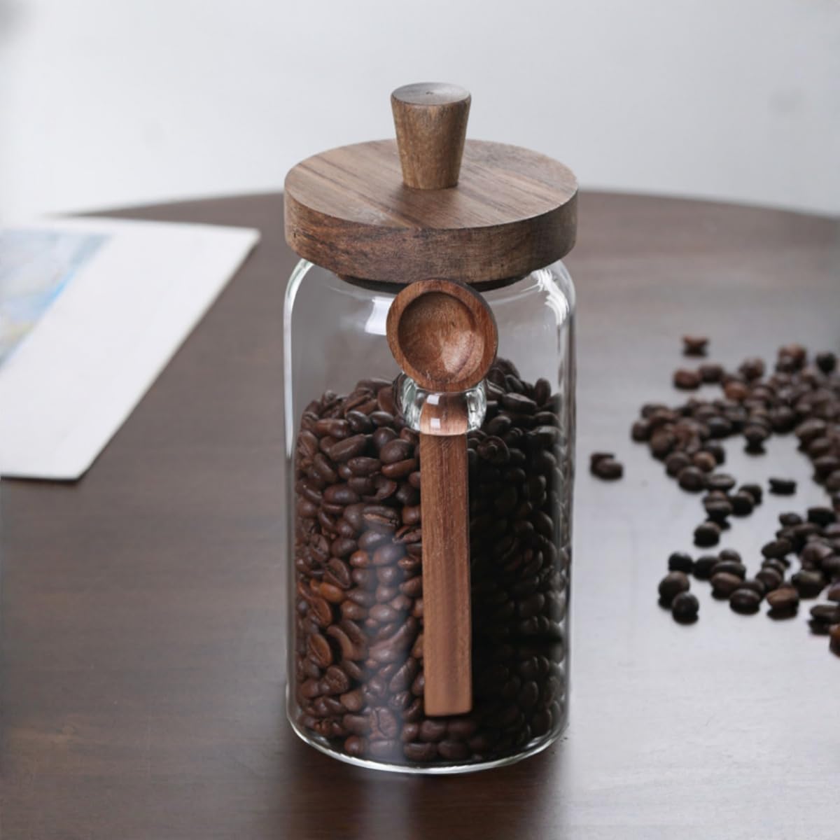 ANSQU glass jar with bamboo scoop attached for easy coffee measuring.