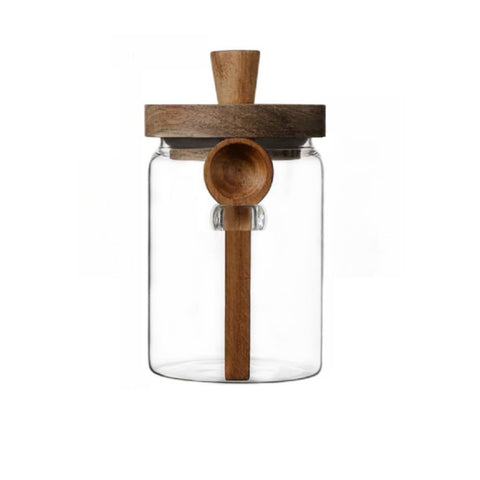 ANSQU glass jar with wooden lid front view showing compact kitchen storage.