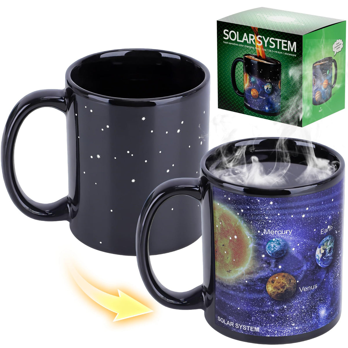 Antner color-changing mug reveals solar system when hot, ideal for science lovers.