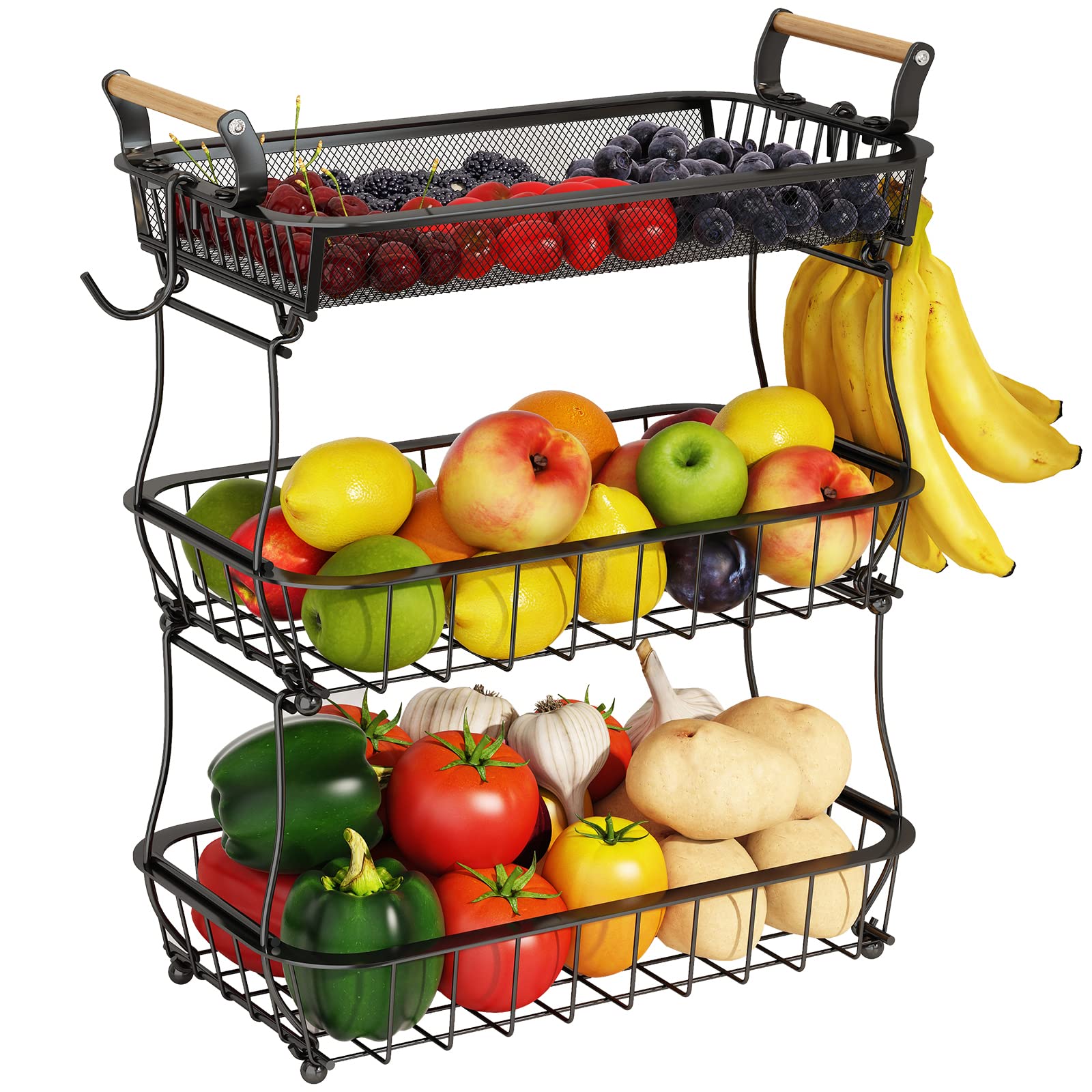 ANTOPY 3-tier fruit basket with banana hangers, top view emphasizes spacious storage