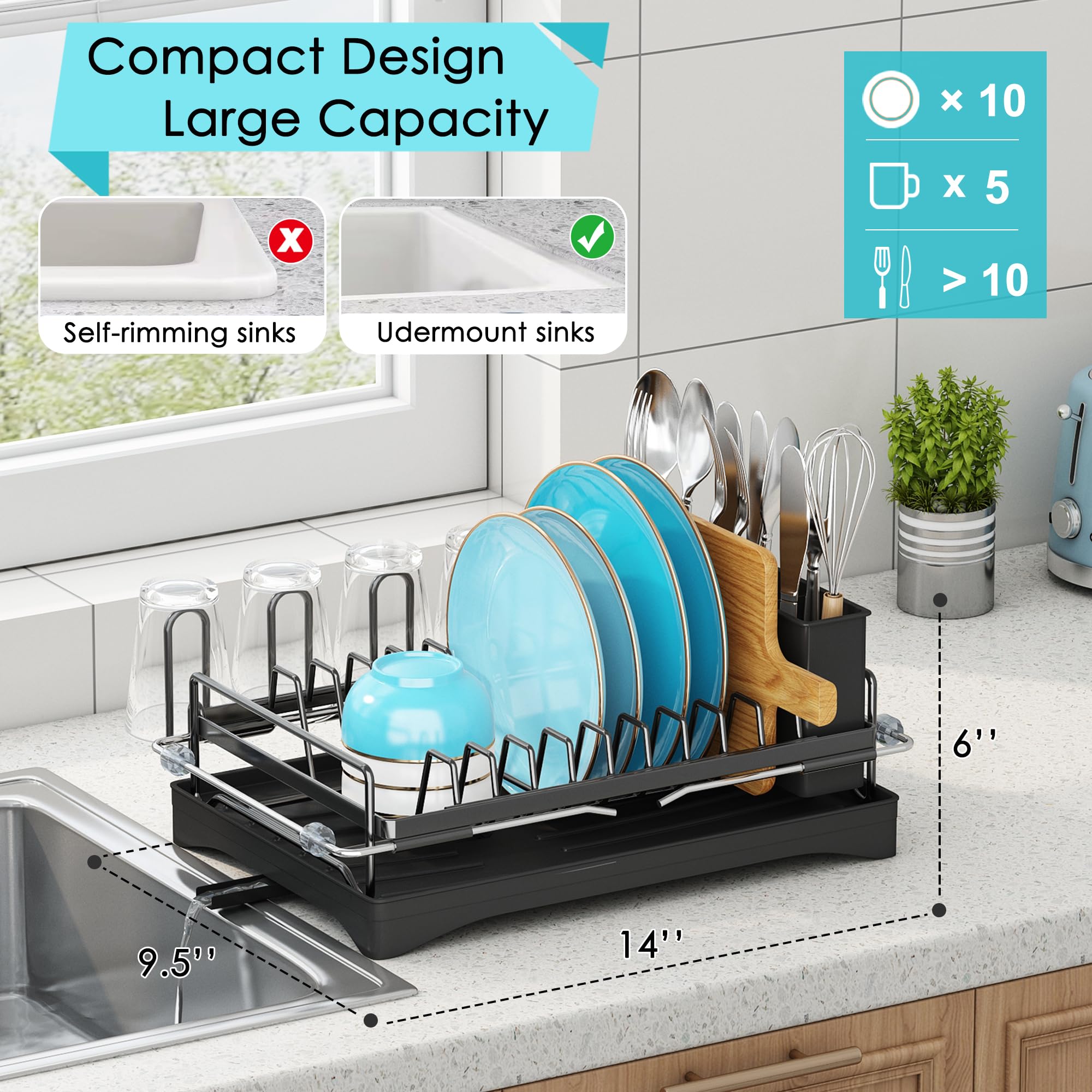 ANTOPY countertop drying rack with drainboard saves kitchen counter space.