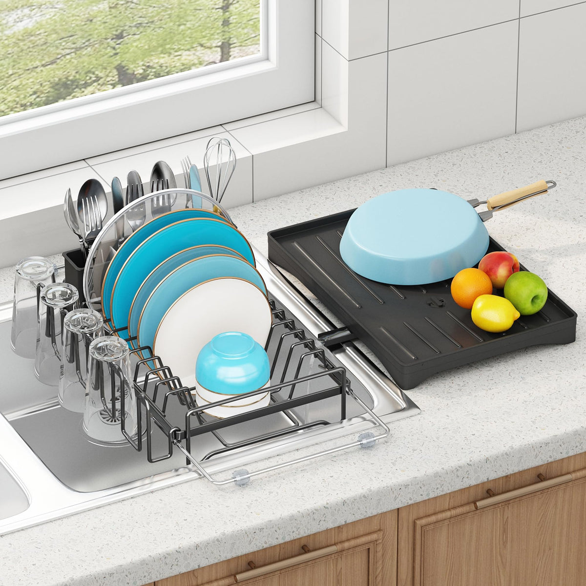 ANTOPY dish drying rack in sink with extendable bars for stable fit.