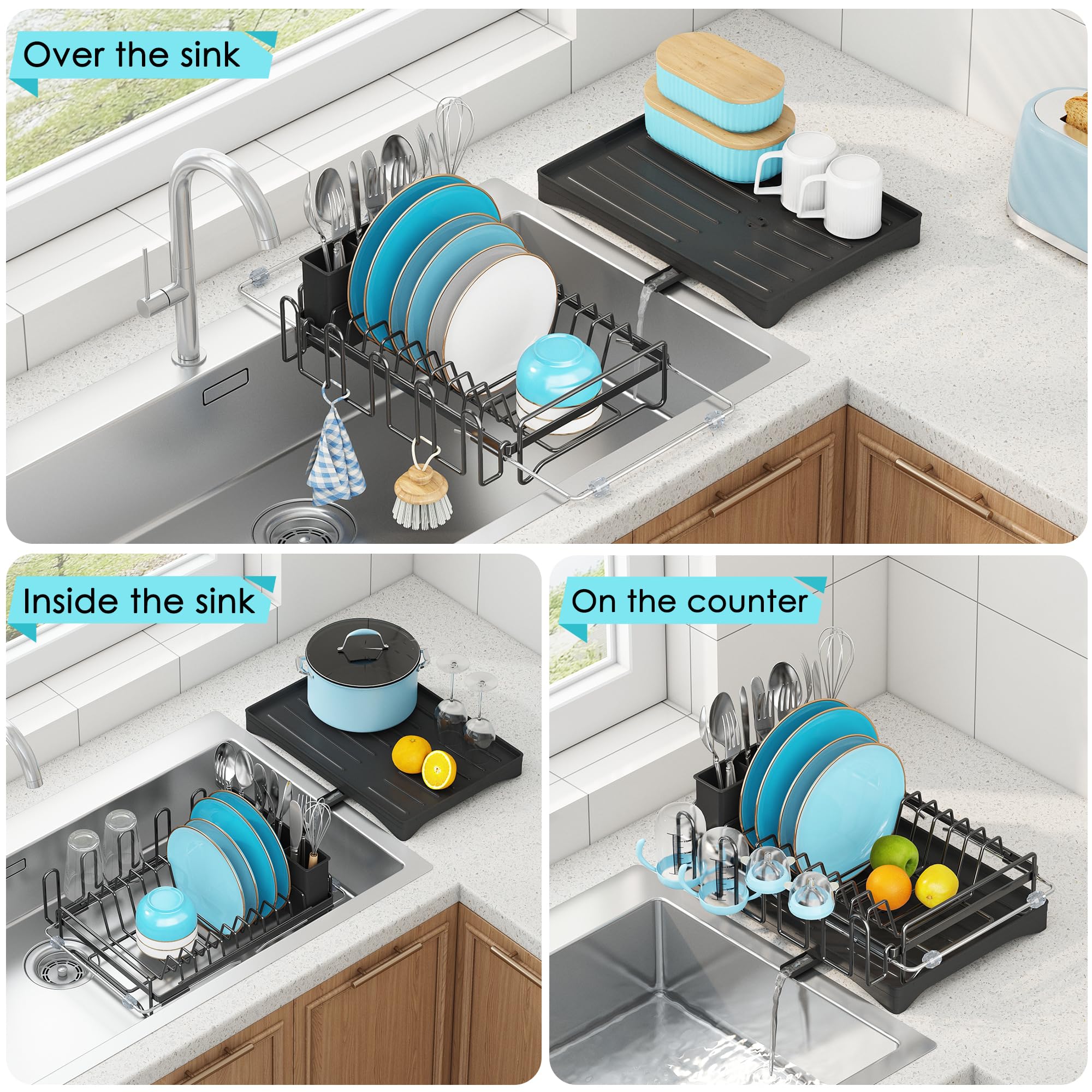 ANTOPY over-sink dish rack drains into basin to keep countertops dry.