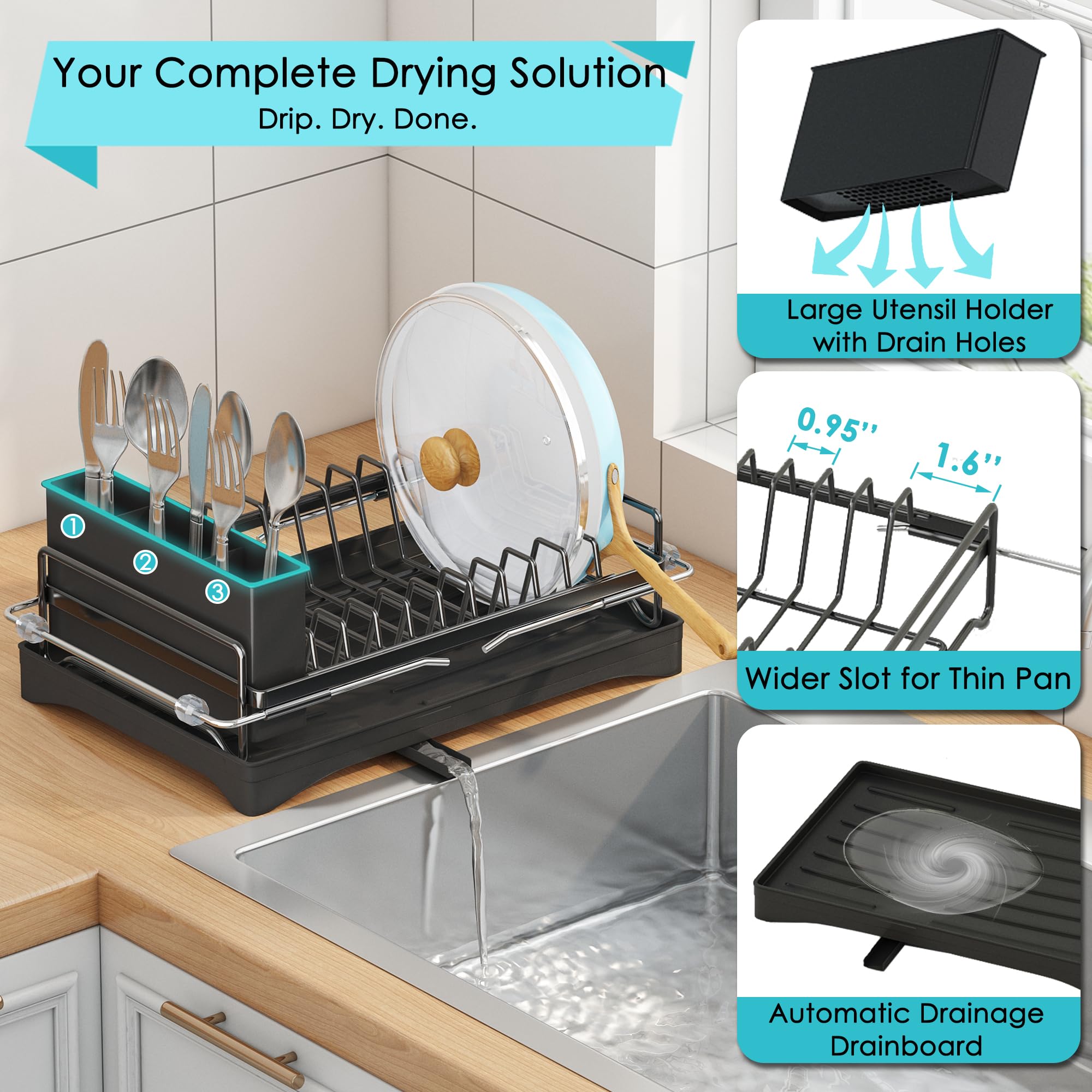 ANTOPY dish rack with removable cutlery holder keeps utensils organized.