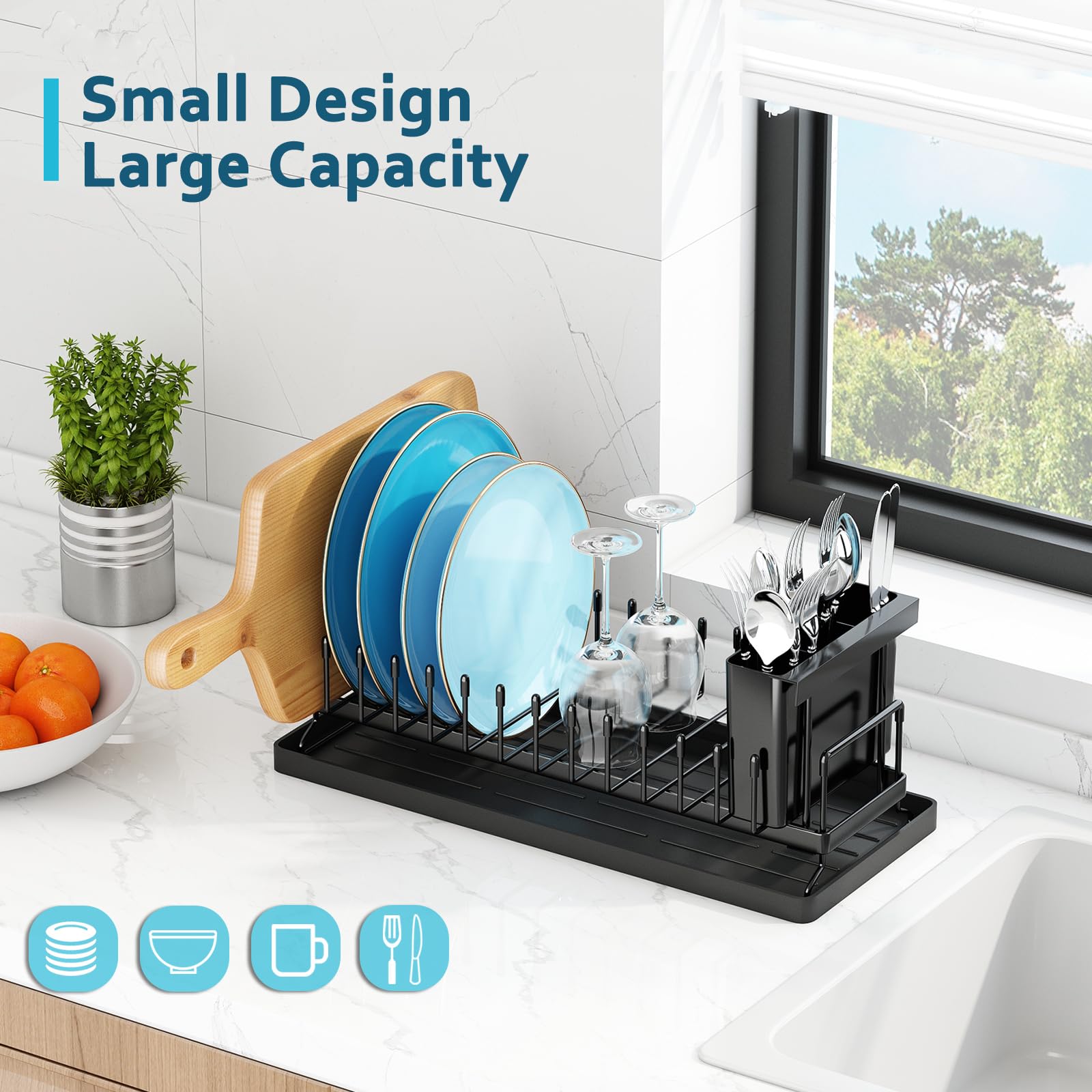 ANTOPY small dish drying rack with 12-slot organization for plates, bowls, and lids.