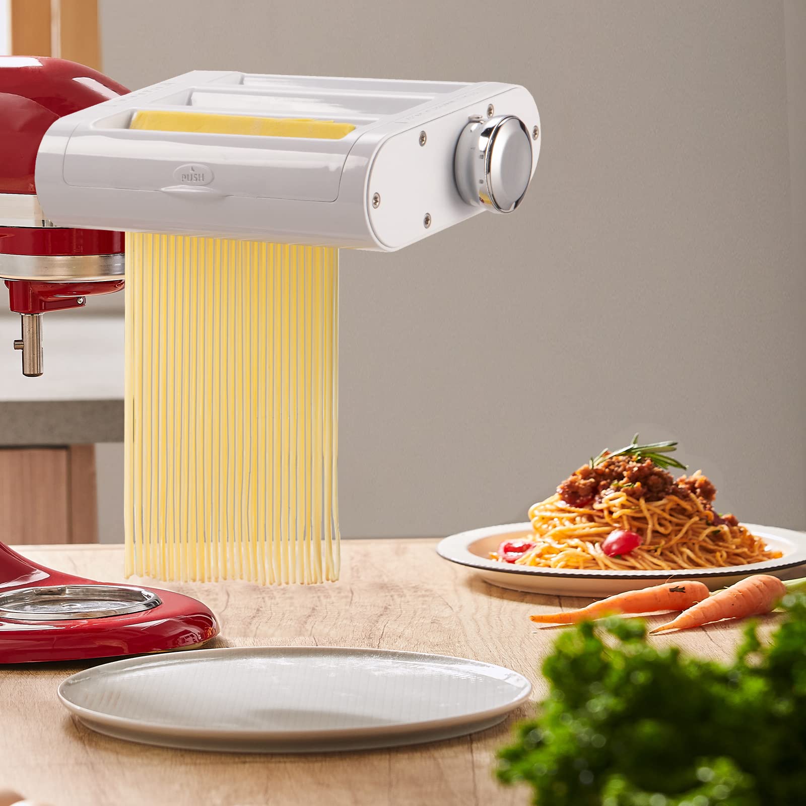 Antree 3-in-1 attachment in use on a KitchenAid mixer.