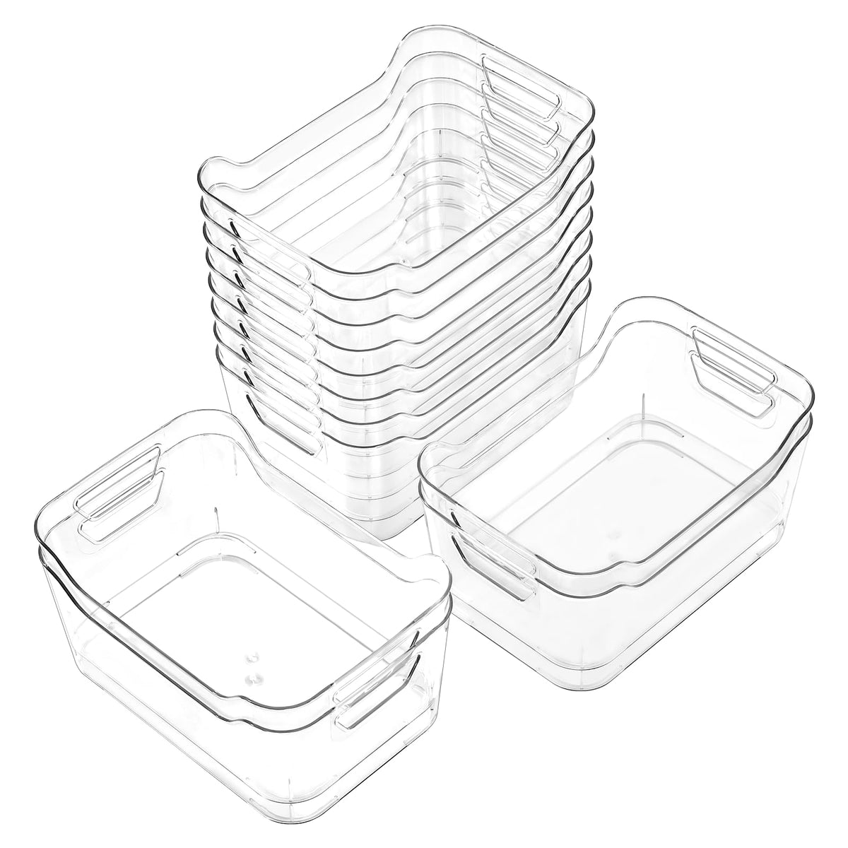 AntStep 12-pack clear storage bin with handle for easy pantry organization.