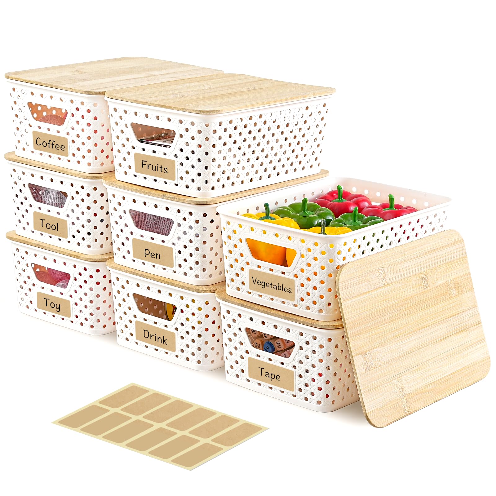 AntStep 8-pack bamboo-lid storage bin stackable for compact pantry organization.
