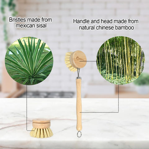 ANTYA bamboo dish brush ergonomic grip with hanging ring for easy drying