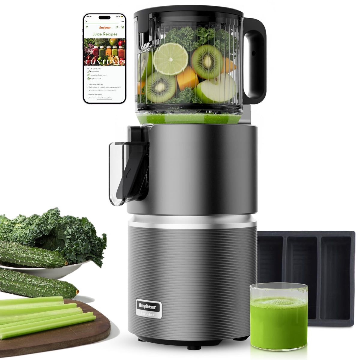 Anybear cold press juicer with a 4.9-inch feed chute for fast whole-fruit juicing
