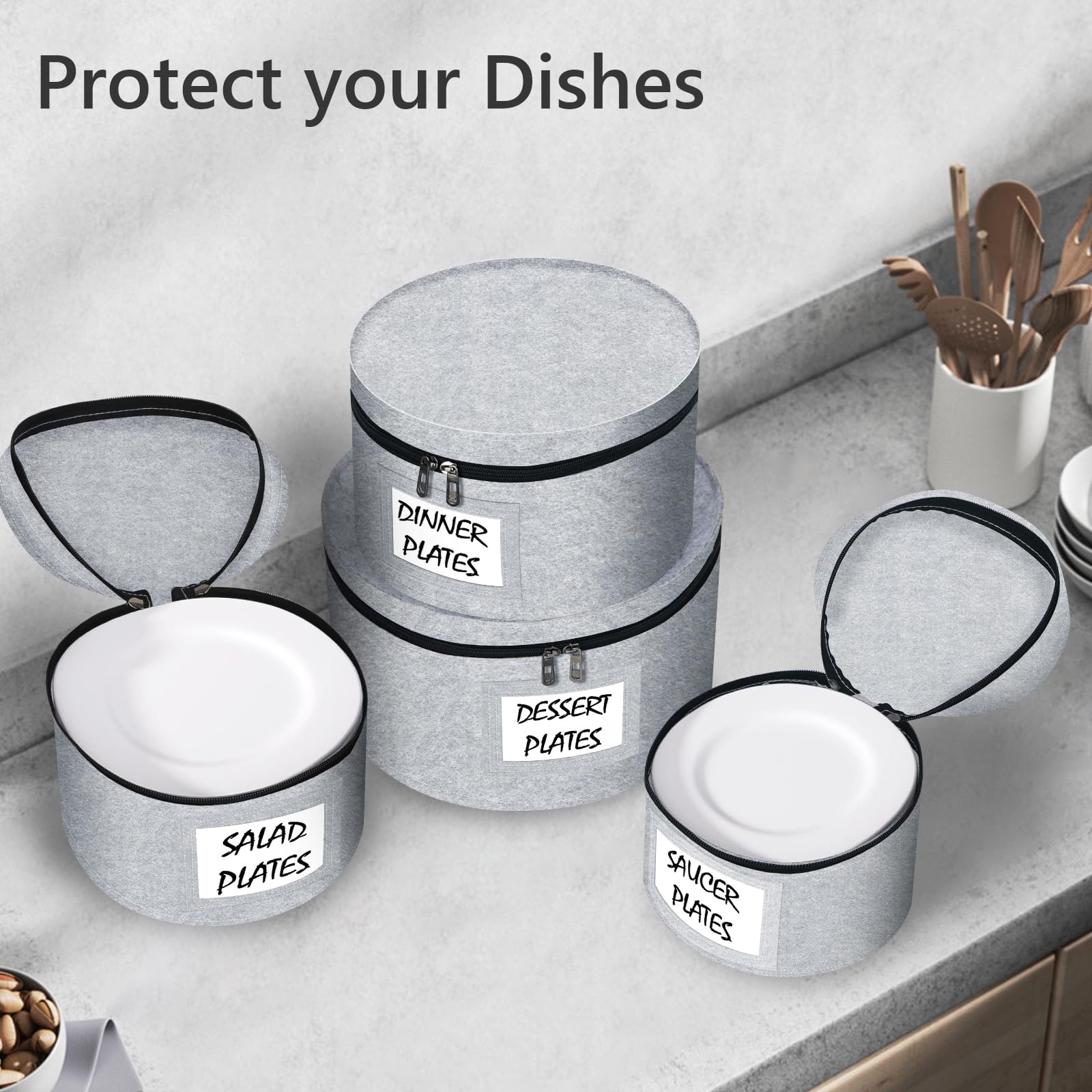 Anycosy dinnerware organizer in multiple sizes fits plates and stemware.