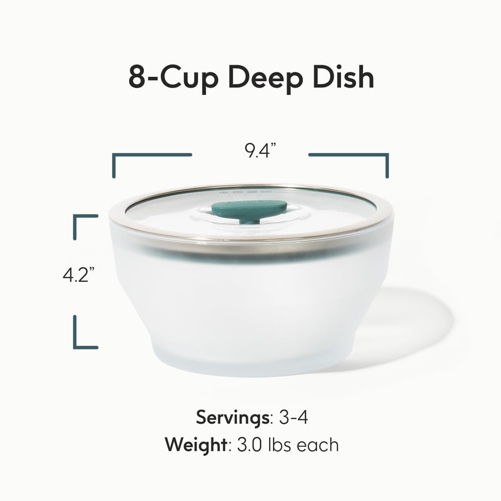 Anyday glass lid with vented silicone rim preserves moisture during cooking.