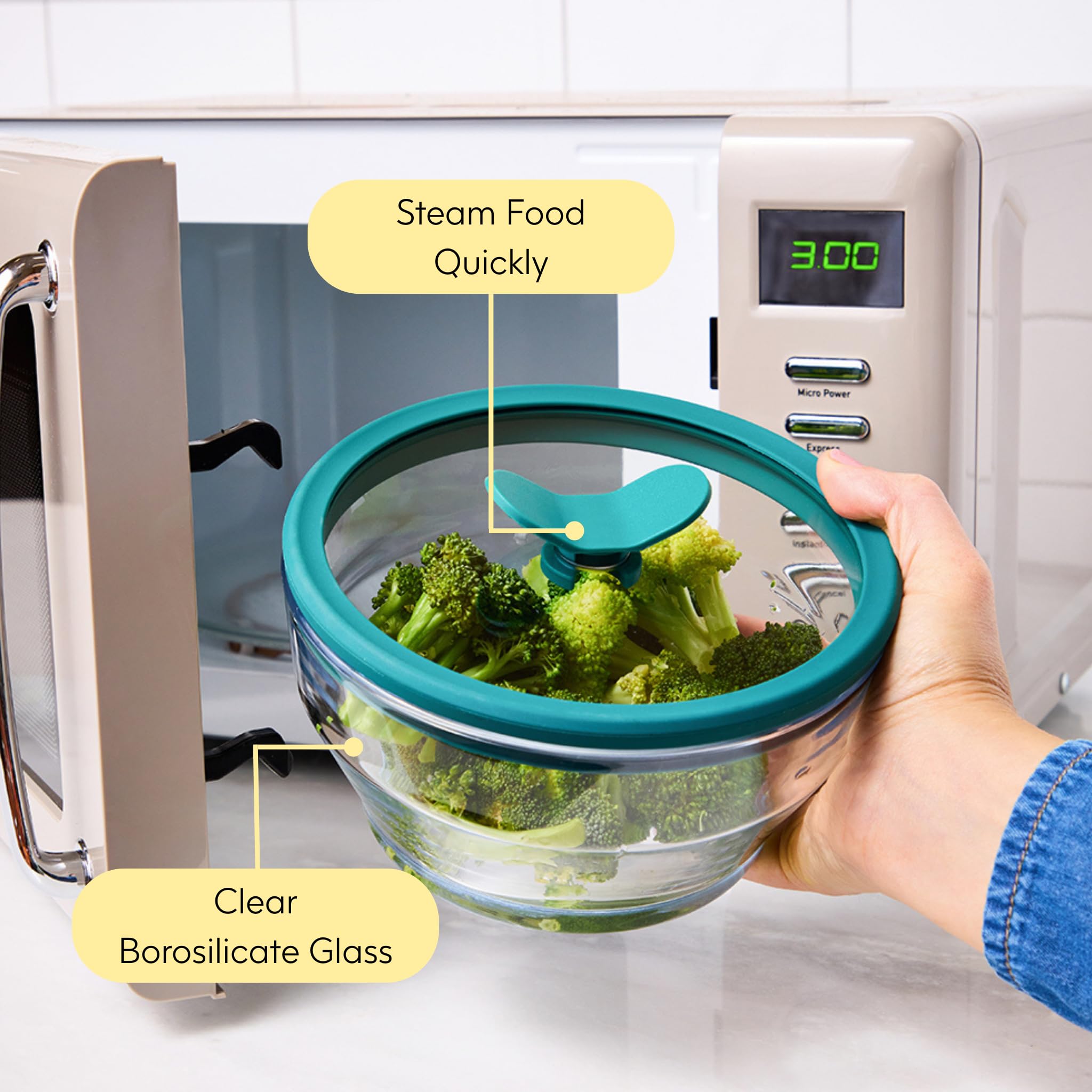 Anyday vented lid helps steam release during reheating.