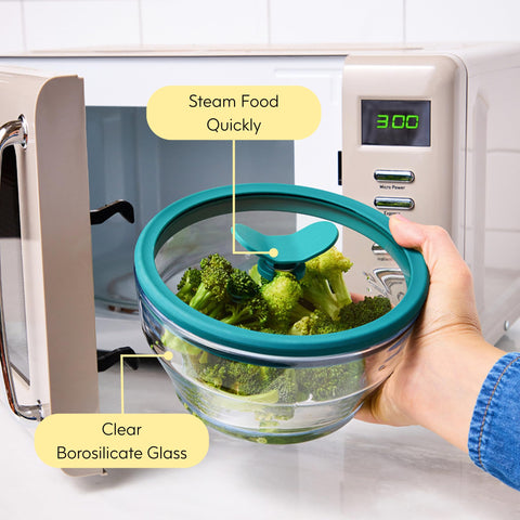 Anyday vented lid helps steam release during reheating.