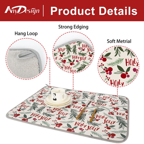 AnyDesign holly leaves pattern mat protects countertops while drying dishes