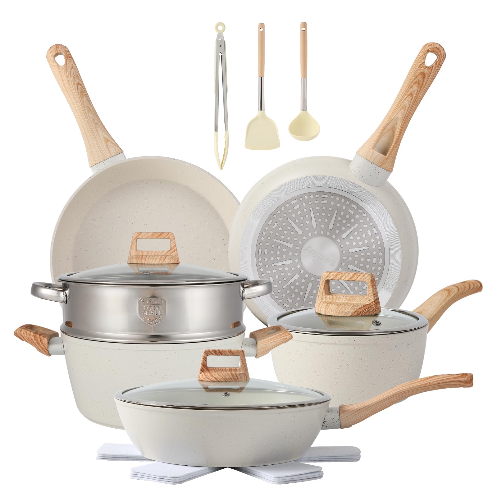 Anymark 16pcs pots and pans set overview for versatile nonstick cooking.