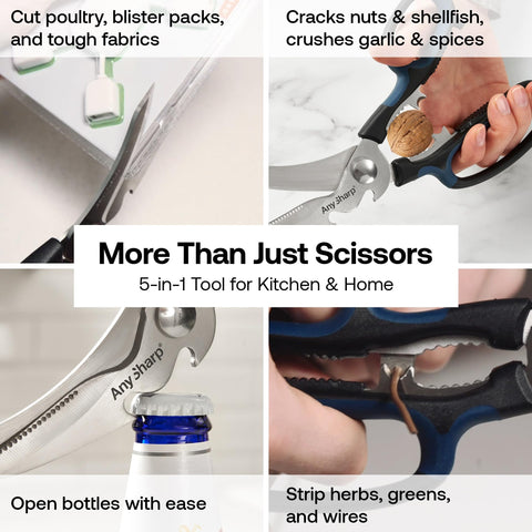 AnySharp 5-in-1 cuts chicken bone with hardened blades, demonstrating strength.