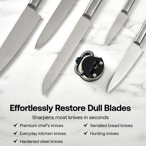 AnySharp Pro Metal Knife Sharpener close-up shows tungsten carbide tip for edge refinement.