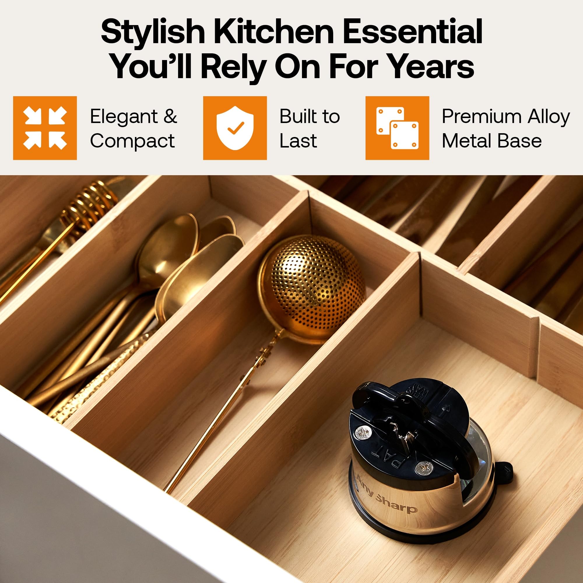 AnySharp Pro Metal Knife Sharpener drawer-friendly size highlights space-saving design.
