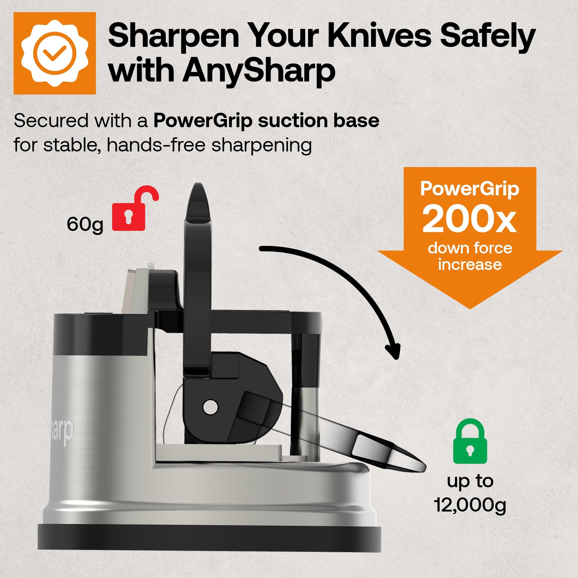 AnySharp Pro Metal Knife Sharpener in use on a counter demonstrates hands-free stability.