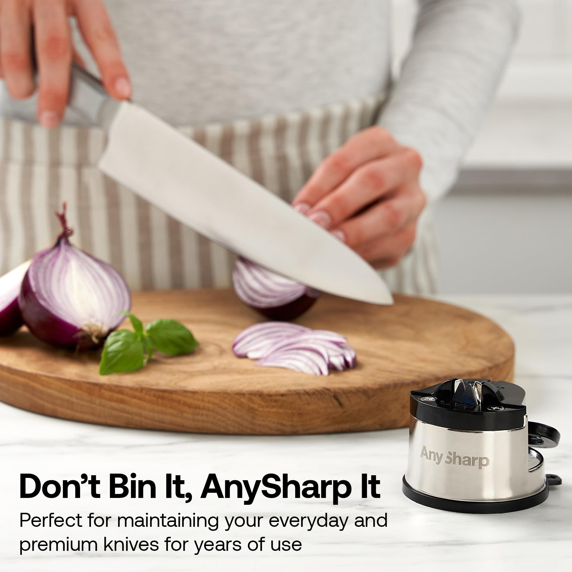 AnySharp Pro Metal Knife Sharpener with PowerGrip suction keeps knives steady.