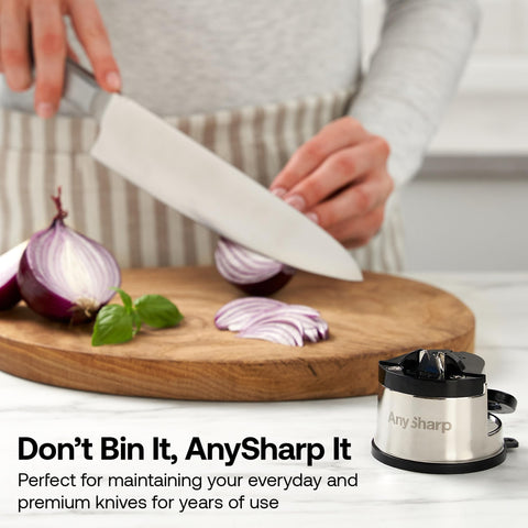 AnySharp Pro Metal Knife Sharpener with PowerGrip suction keeps knives steady.