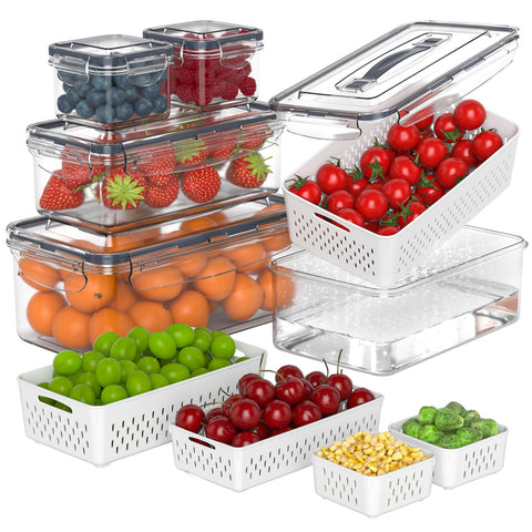 Anysig 5-pcs fridge storage set neatly organized on a shelf for easy access.