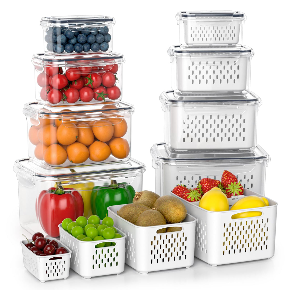 Anysig fruit storage fridge 8-pack set keeps produce organized and visible.