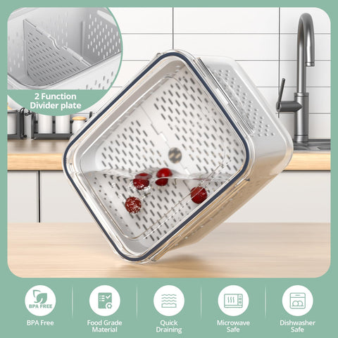 Anysig removable colander keeps moisture separate for crisper berries and greens.