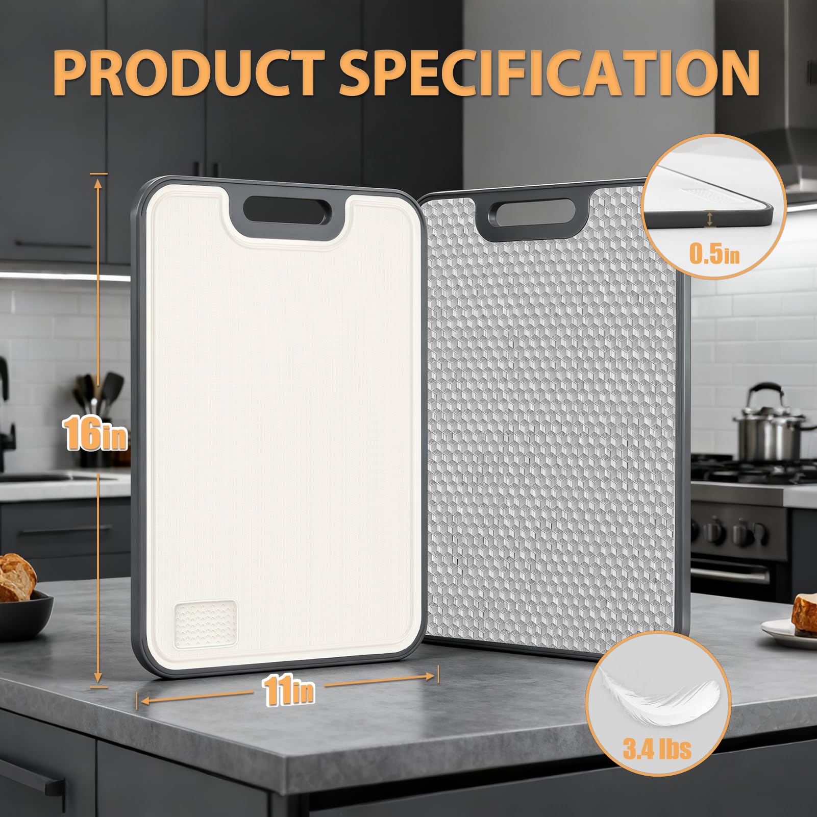 ANYZONE cutting board dual-sided design close-up showing hygienic separation of foods.
