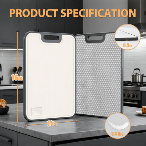 ANYZONE cutting board dual-sided design close-up showing hygienic separation of foods.