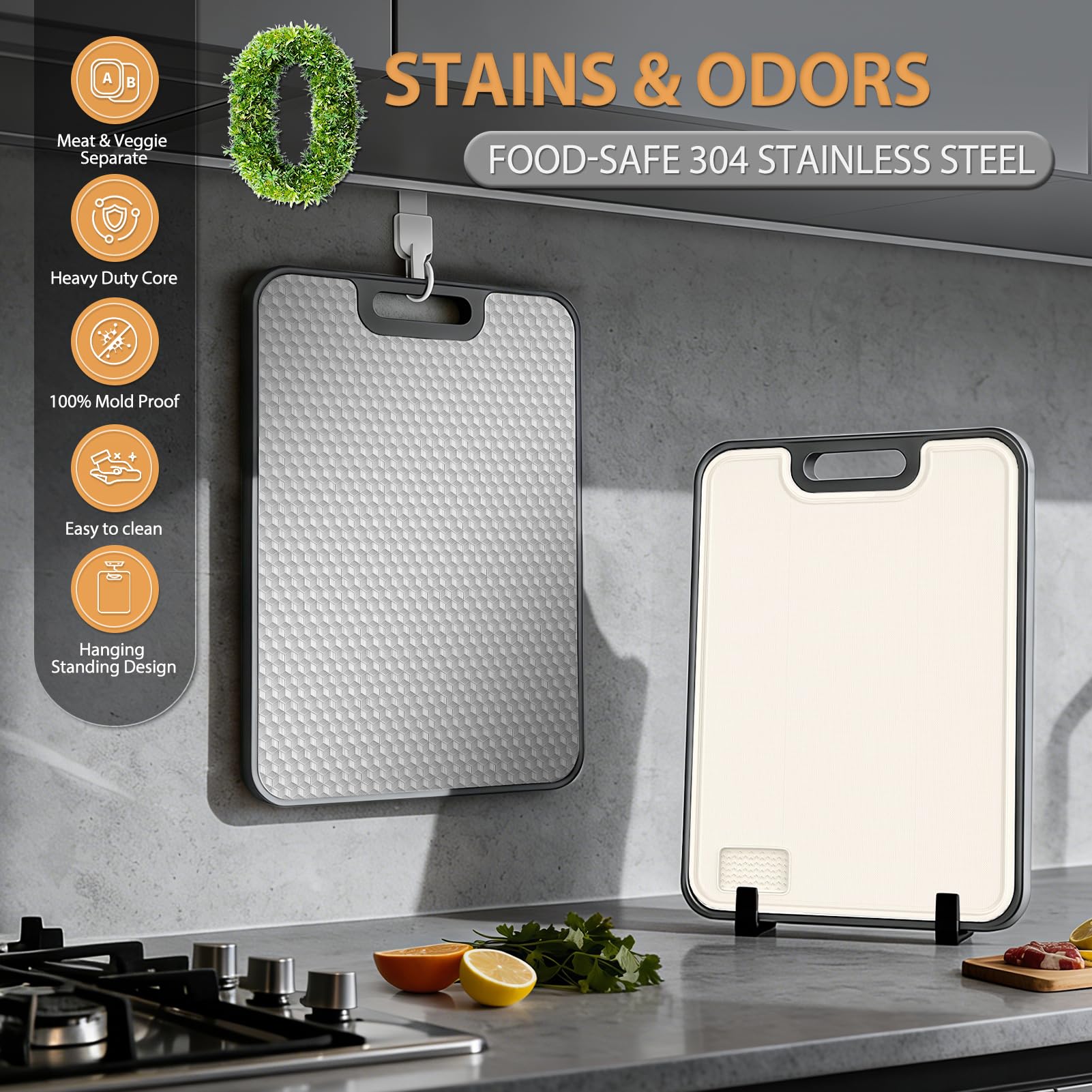 ANYZONE cutting board grinder close-up highlighting built-in garlic and ginger grinder.