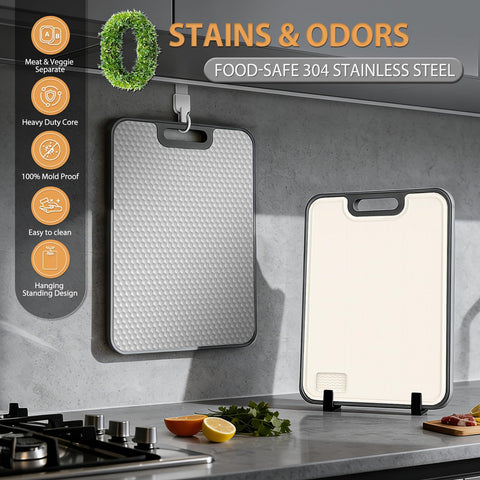ANYZONE cutting board grinder close-up highlighting built-in garlic and ginger grinder.