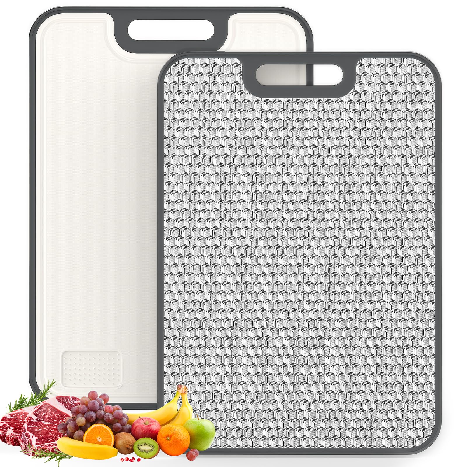 ANYZONE cutting board stainless steel side close-up for raw meat prep and cross-contamination prevention.