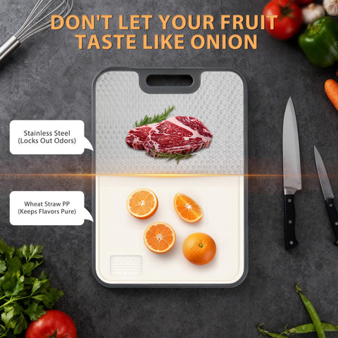 ANYZONE cutting board wheat straw side close-up shows veggie prep surface and cleanability.