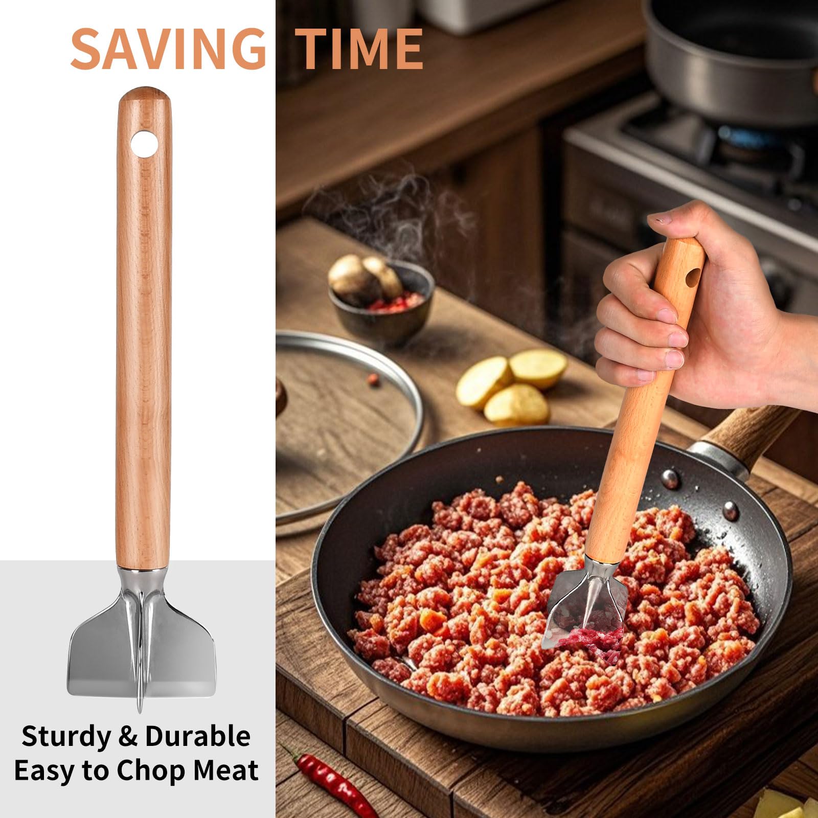 ANZIUS multi-use masher works well on potatoes, meat, and more