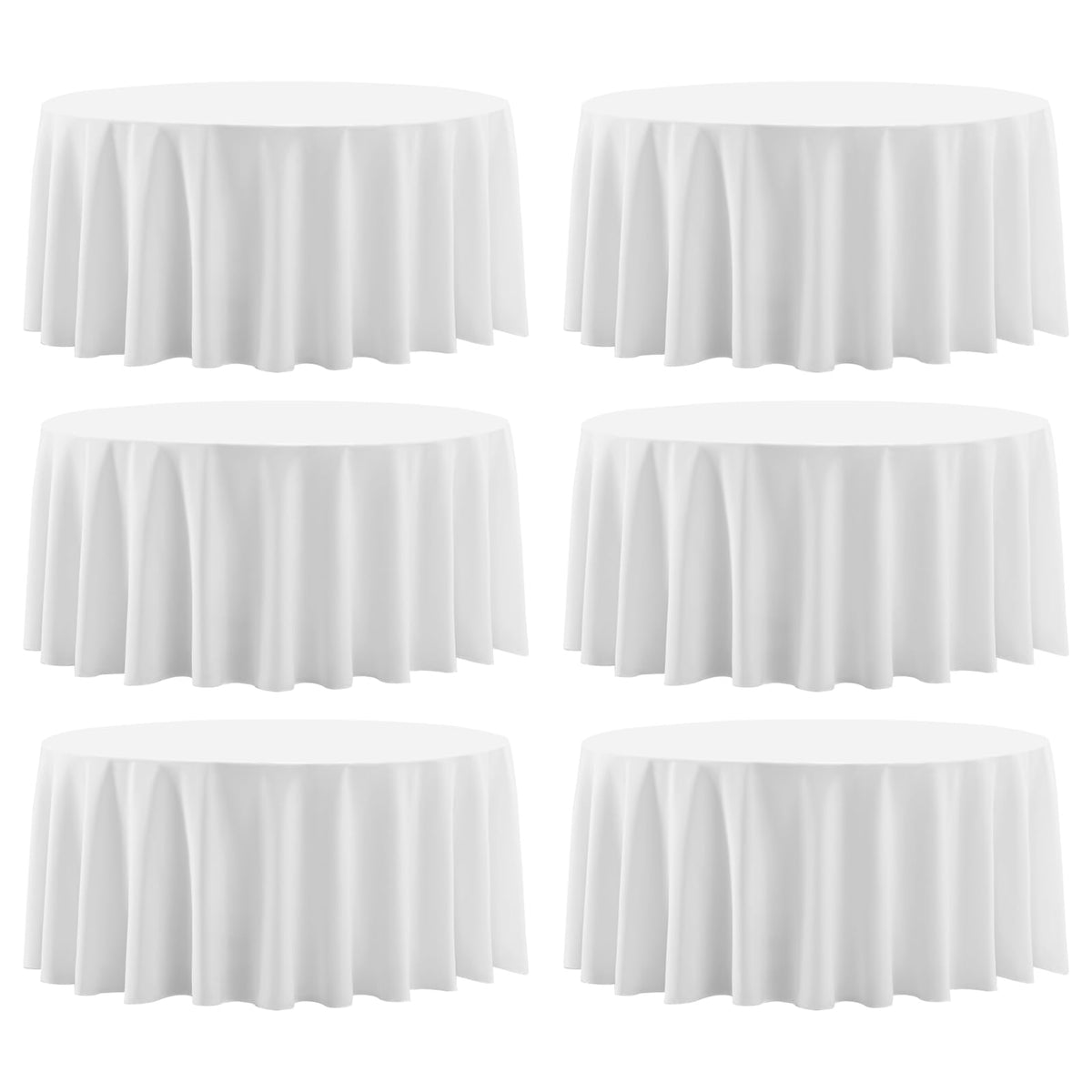 Aocoz round 120-inch white tablecloth in six-pack, durable and reusable for events.