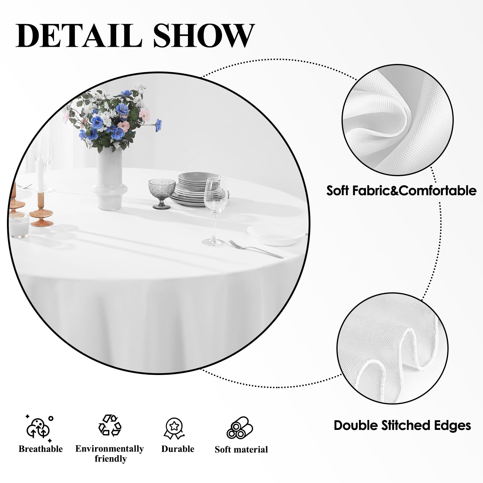 Aocoz round tablecloth in a banquet party setup with bright, clean white color.