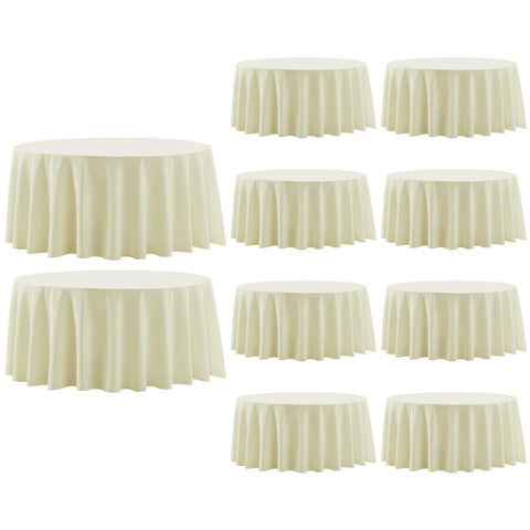 Aocoz ivory round tablecloth on a 120-inch dining table, ideal for elegant gatherings.