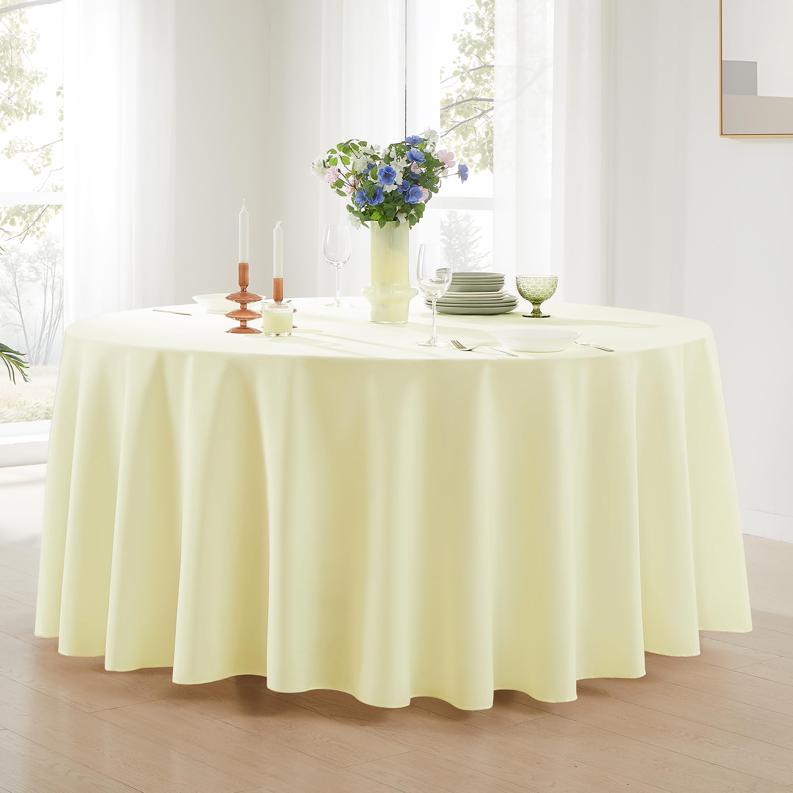 Aocoz ivory 120-inch tablecloth close-up shows durable, washable polyester.