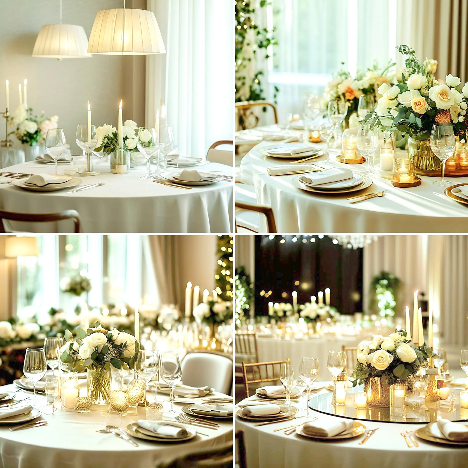 Aocoz ivory wedding banquet setup with round tablecloth and elegance.