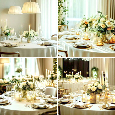Aocoz ivory wedding banquet setup with round tablecloth and elegance.