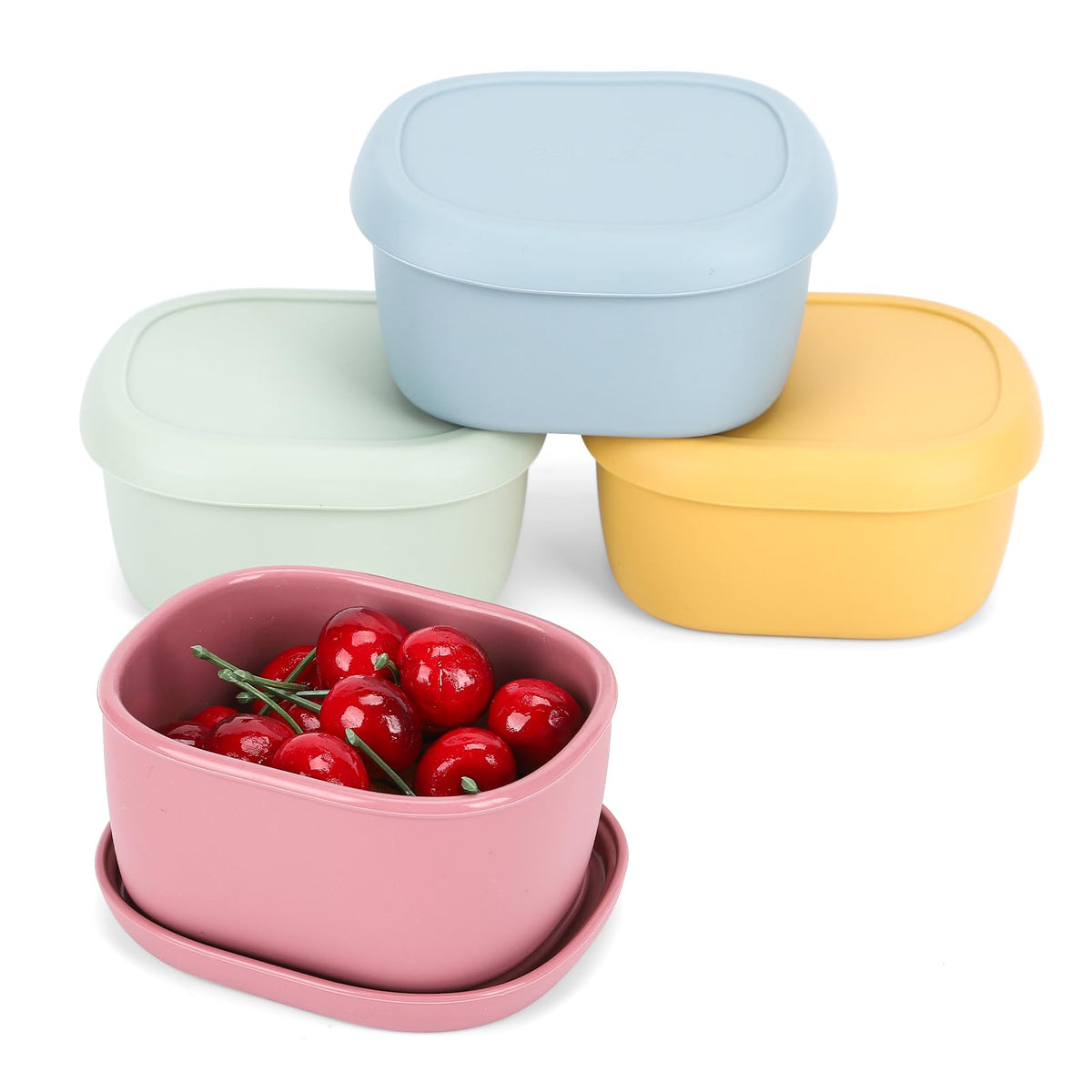 AOEDEO four-pack silicone snack containers in bright colors for kid-friendly lunches.
