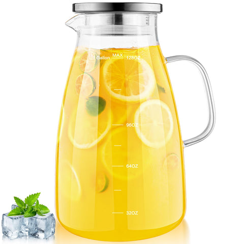 Aofmee 1-gallon glass pitcher with lid and spout for easy pouring at gatherings.