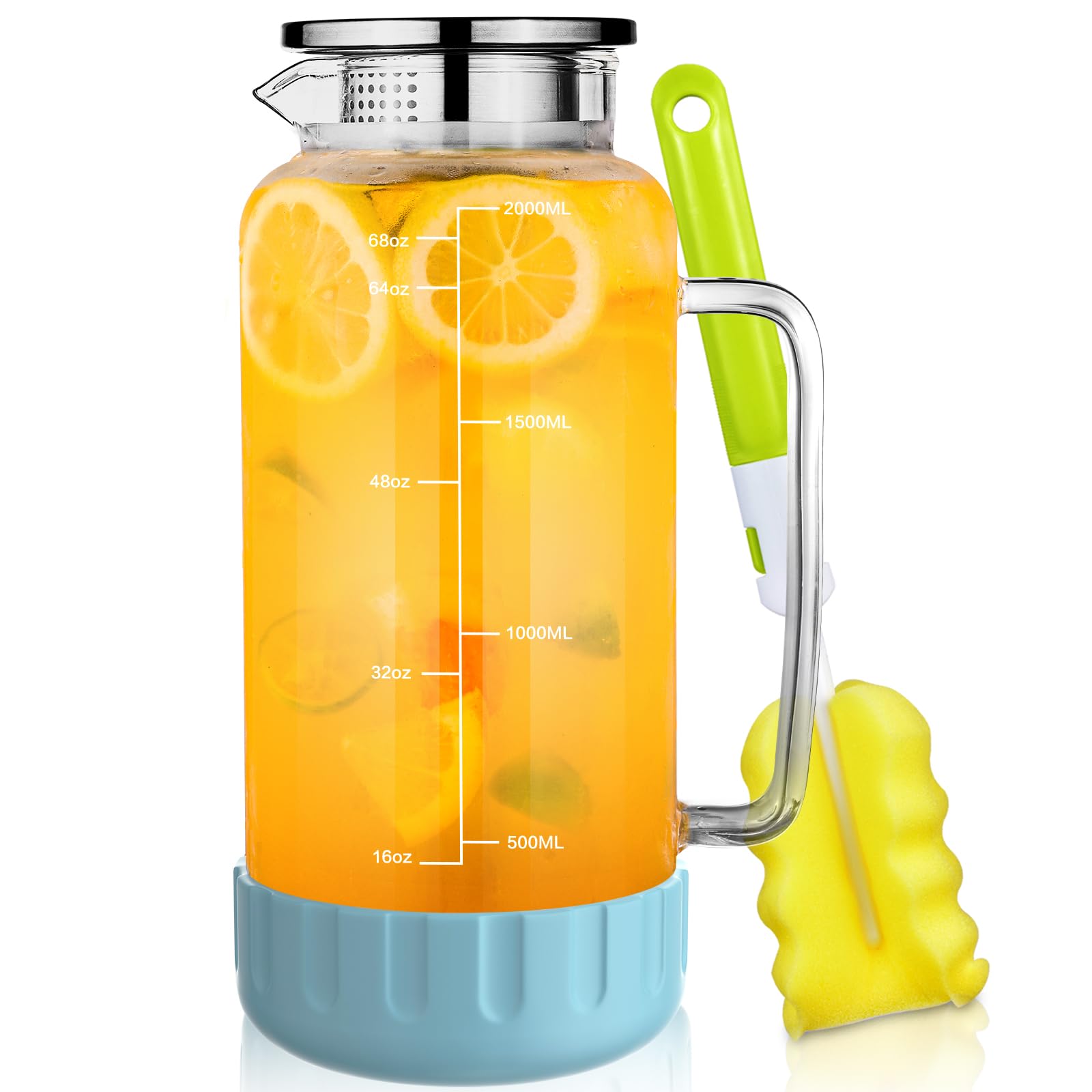 Aofmee 68oz glass pitcher with silicone base for stable, slip-free serving.