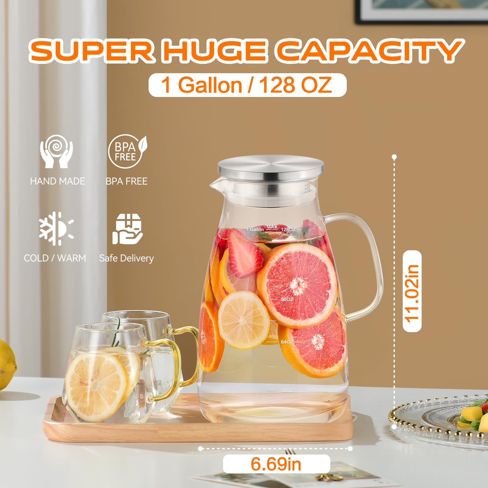 Aofmee wide-mouth glass pitcher with a 4-inch opening for quick filling and cleaning.